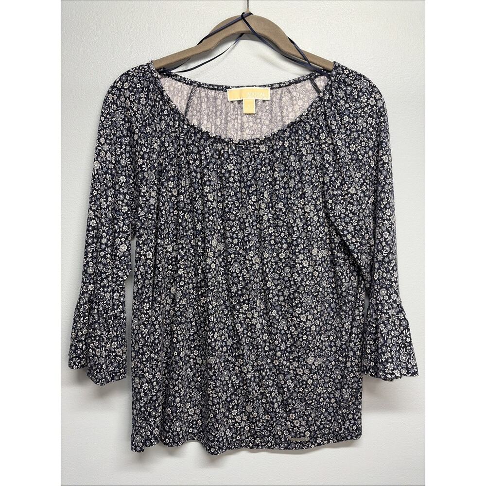 Michael Michael Kors Blue Floral Blouse - 3/4 Bell Sleeve - Women's Size Small